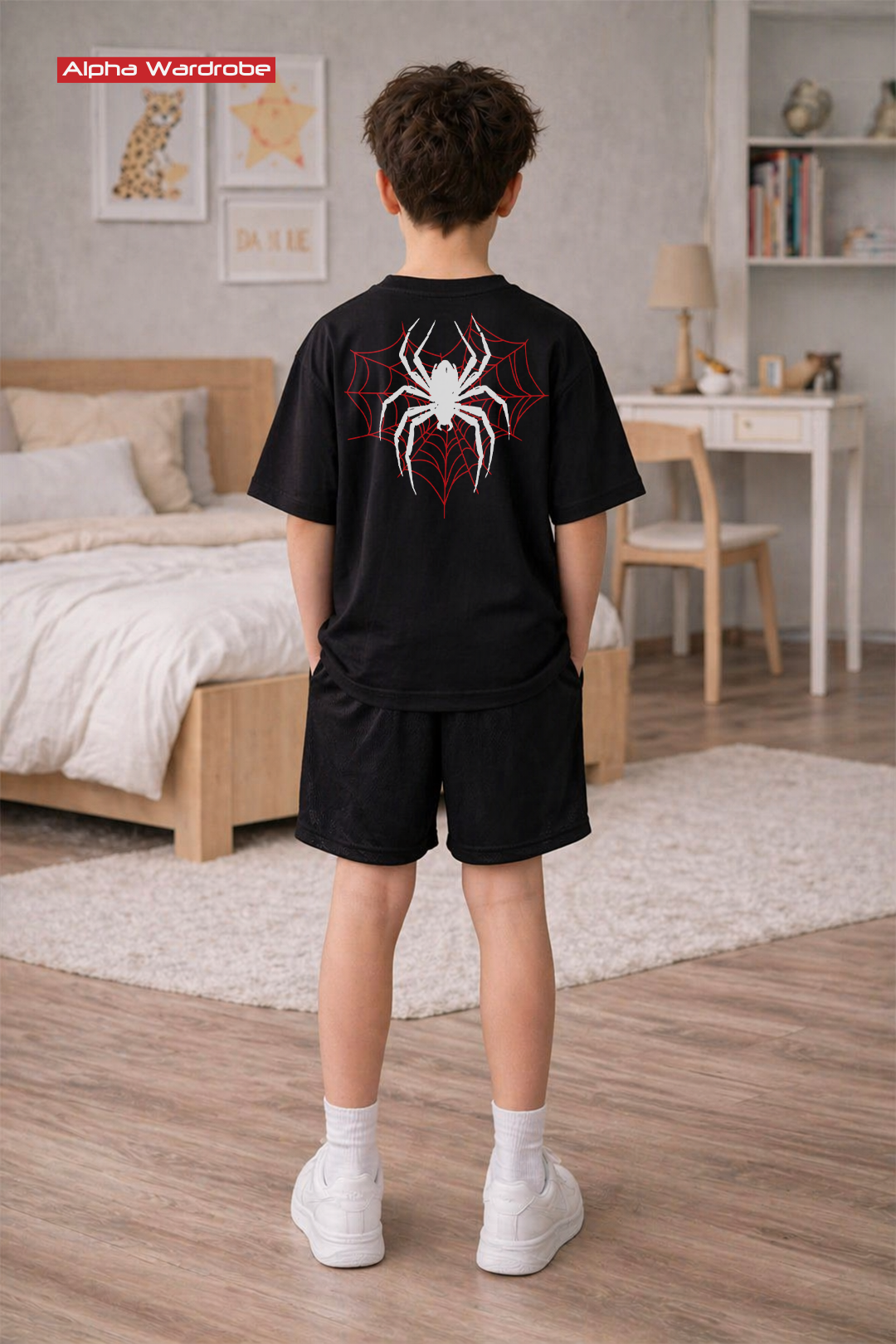 Kids Black Spider Oversized Tee With Shorts