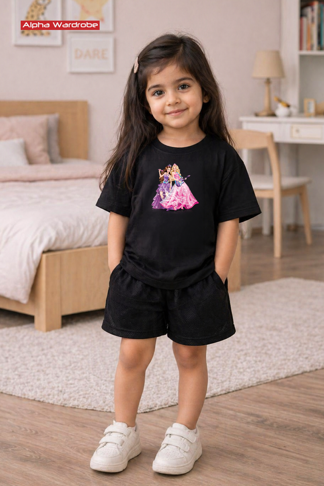 Kids Barbie Black Oversized Tee With Shorts