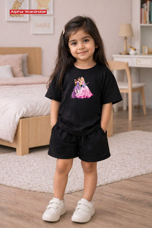 Kids Barbie Black Oversized Tee With Shorts