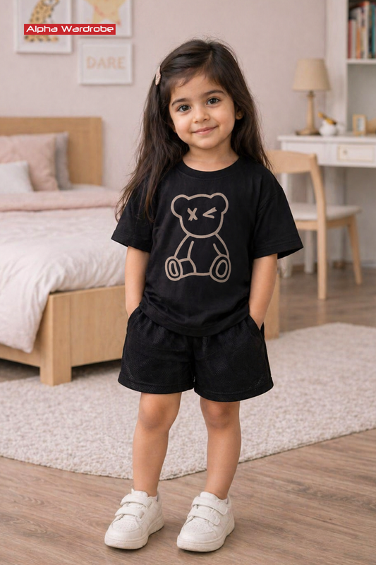 Kids Black Teddy Bear Oversized Tee With Shorts