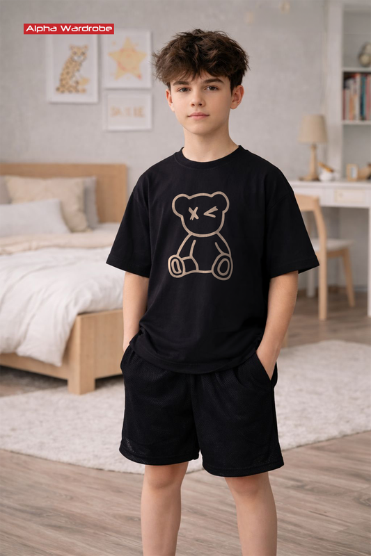 Kids Black Teddy Bear Oversized Tee With Shorts