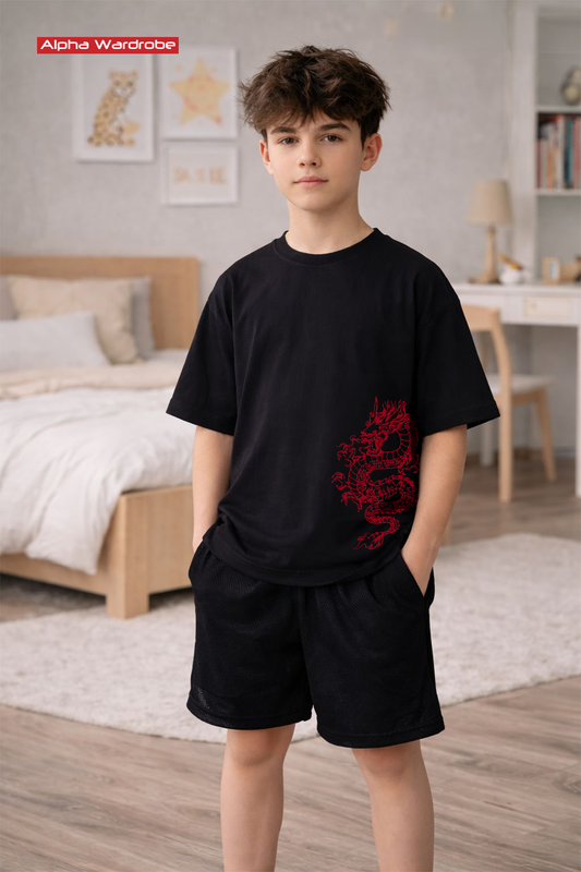 Kids Obsidian Dragon Oversized Tee With Shorts
